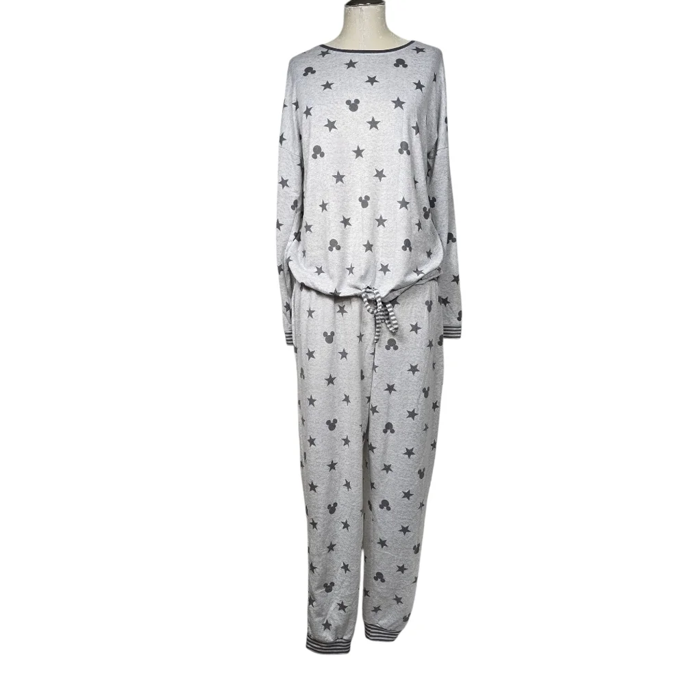 Disney Star Mickey Mouse Gray Matching Pajama Set M Long Sleeve Top & Pants
